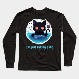 Black Cat Taking a Dip in a galaxy Bowl Long Sleeve T-Shirt